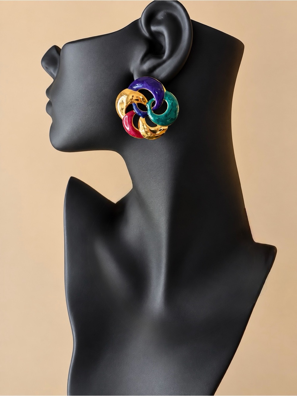 1980s Multicolor Enamel & Gold-Tone Knot Clip-On Earrings